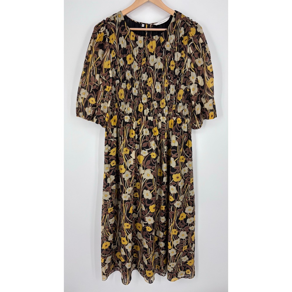 Rebecca Taylor Daphne Fleur Dress Womens XL Brown Smocked Floral Silk Blend Midi
